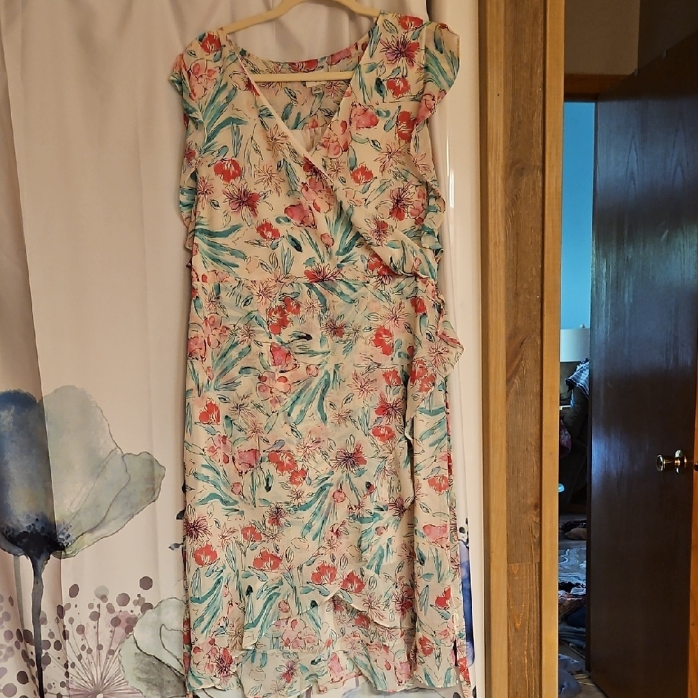 A New Day Asymmetrical Floral Dress - Cream and Red